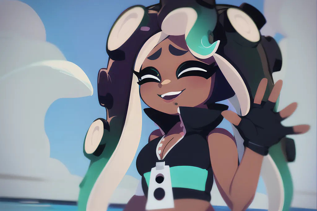 This is an image of a character from the Splatoon series. She is an Inkling, which is a type of squid-like creature that can transform into a human form. She has tan skin, green eyes, and purple tentacles. She is wearing a black tank top with a white collar and a green stripe down the center. She is also wearing black gloves and shoes. She has a happy expression on her face and is waving at the viewer. The background is a light blue color with a few clouds in the distance.