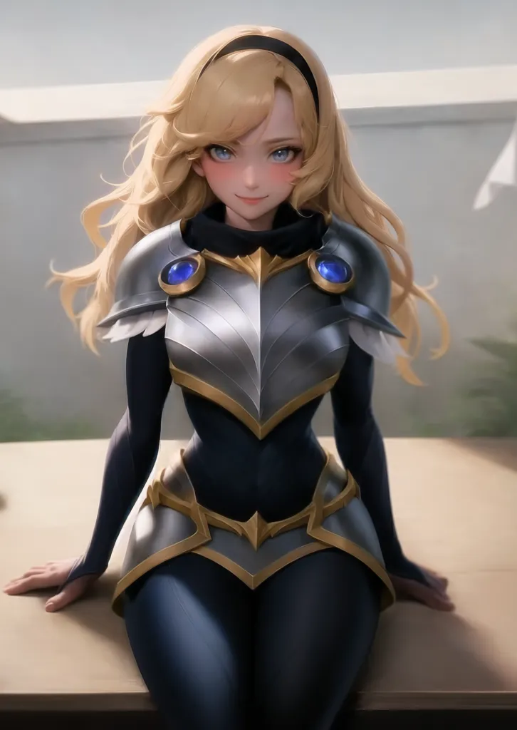 The image is of a young woman with long blonde hair and blue eyes. She is wearing a black and gray bodysuit with silver and gold armor. The bodysuit has a high collar and long sleeves. The armor is on her chest, shoulders, and thighs. She is also wearing a pair of black boots. The woman is sitting on a table, with her legs crossed. She has a confident smile on her face. The background is a blur of light gray.