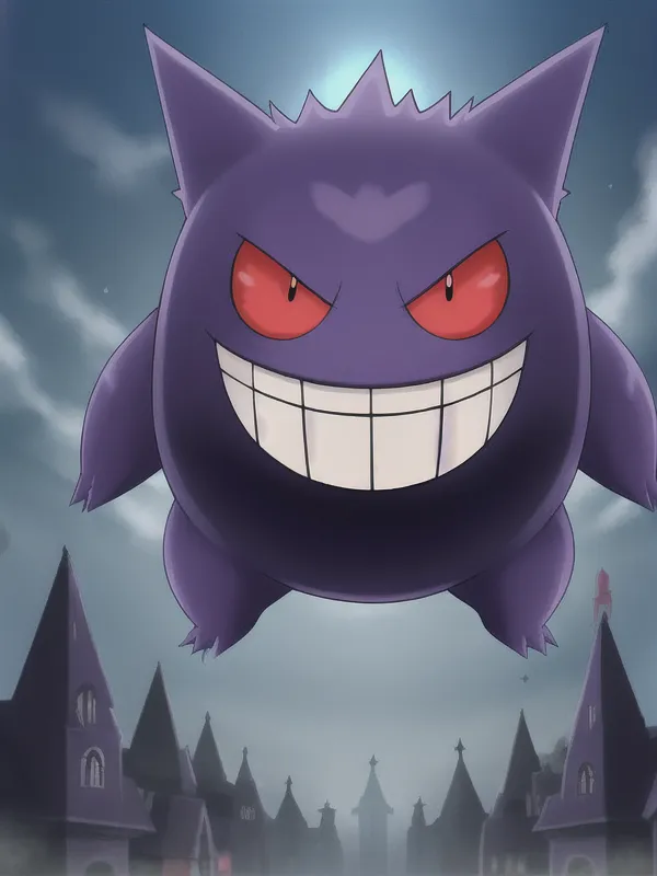 The image is of a Gengar, a Pokémon. It is a large, purple, spherical creature with red eyes and a wide mouth. It is floating in the air in front of a dark background. There are some buildings in the distance. The Gengar is smiling and has a mischievous look on its face. It is a powerful Pokémon that is said to be able to cause night