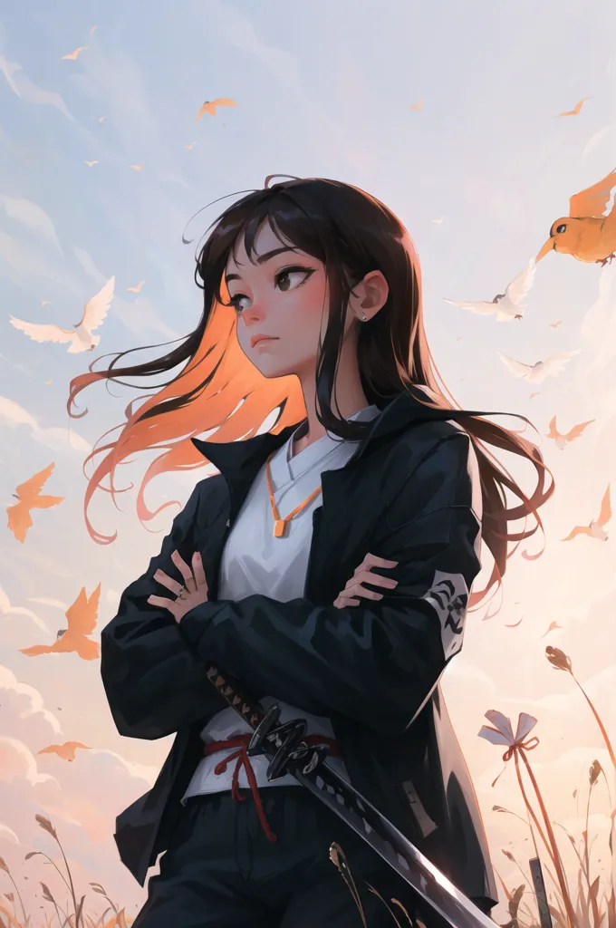 A imagem é de uma jovem mulher em pé em um campo de flores. Ela está usando um casaco preto com uma camisa branca por baixo. Ela tem uma espada ao seu lado e está olhando para o horizonte. O céu está azul e há pássaros voando acima.