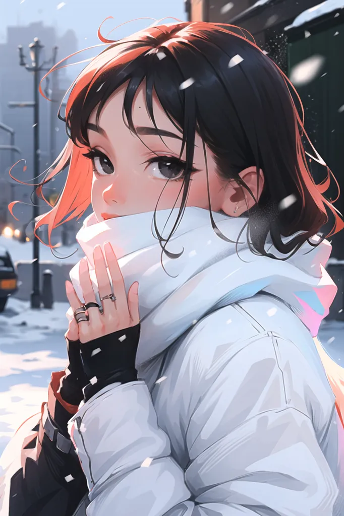 The image is a digital painting of a young woman. She has short brown hair with pink highlights, and her eyes are a light brown color. She is wearing a white winter coat and a light blue scarf. The background is a snowy street with a few trees and lampposts. The woman is looking at the viewer with a slightly tersenyum expression.
