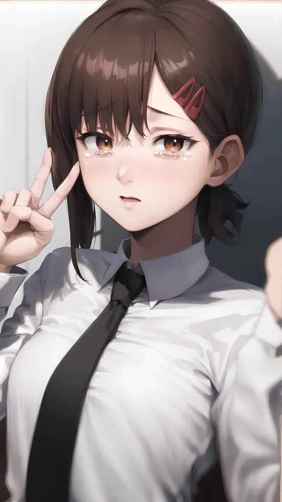 The image is a portrait of a young woman with brown hair and brown eyes. She is wearing a white shirt and a black tie. The woman has a sad expression on her face and is making a peace sign with her right hand. Tears are streaming down her face. The background is a blur of light and dark colors.