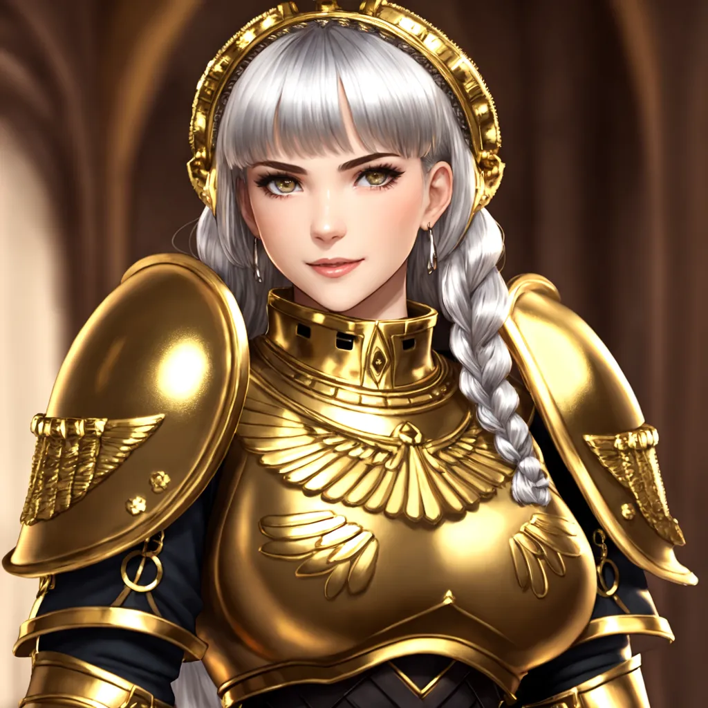 The image shows a beautiful young woman with long white hair and golden eyes. She is wearing a golden armor with a white cape. The armor has intricate details and designs, and she is also wearing a helmet with a visor. The woman has a determined expression on her face, and she looks like she is ready for battle. The background is a blur of light and dark colors, and it looks like she is standing in a temple or other sacred place.