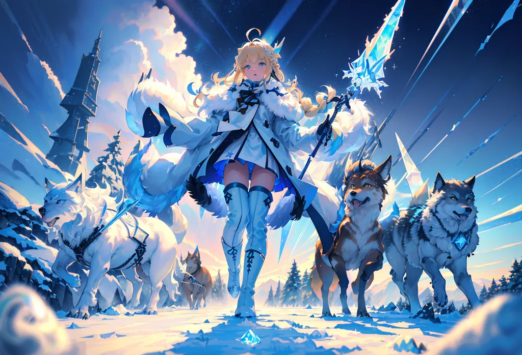 The image is of a young woman with long blonde hair and blue eyes. She is wearing a white and blue dress with a fur coat and boots. She is also carrying a staff with a snowflake on the end. She is standing in a snowy forest, and there are three wolves walking beside her. The wolves are all different shades of brown and white. The woman has a determined look on her face, and it is clear that she is on a journey.