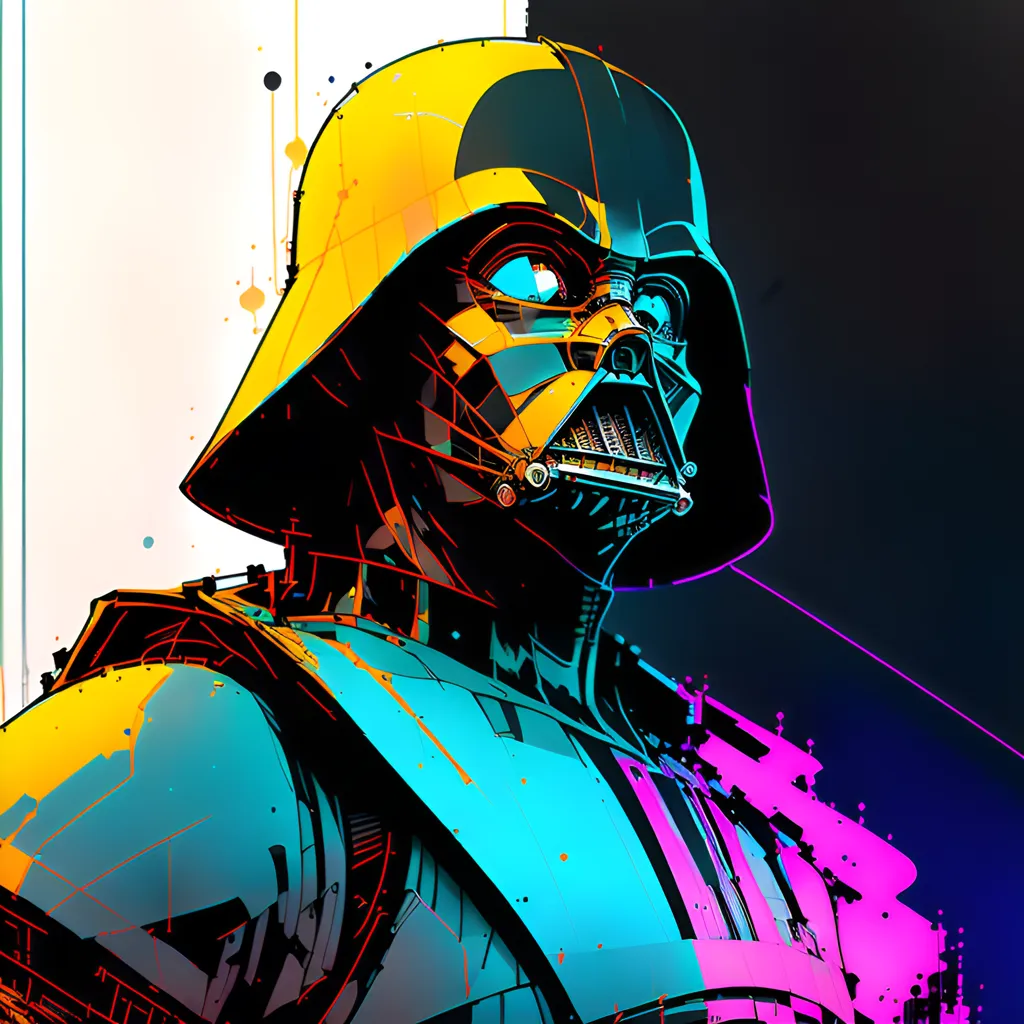 A imagem é um retrato de Darth Vader, um personagem da franquia Star Wars. Ele é mostrado usando seu icônico capacete e armadura pretos, e seu rosto é parcialmente obscurecido por um brilho vermelho. O fundo é azul escuro, e a imagem é iluminada por uma fonte de luz brilhante à direita. O efeito geral é de ameaça e presságio.