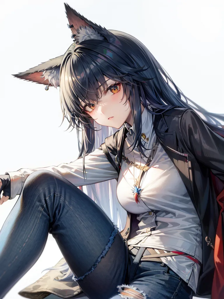 The image is of a young woman with long black hair and yellow eyes. She is wearing a white shirt, black jacket, and blue jeans. She has cat ears and a tail. She is sitting on a railing with her legs crossed and is looking at the viewer with a slightly annoyed expression on her face.