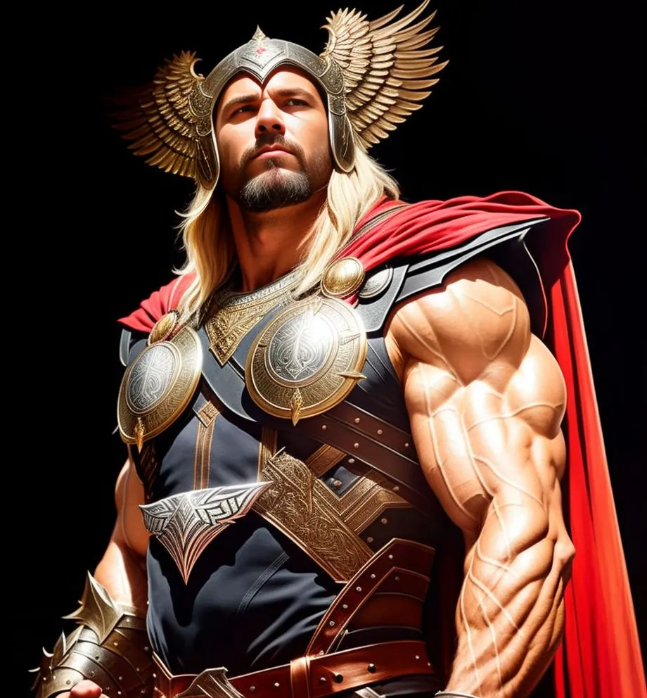 The image shows a man dressed as Thor, the Norse god of thunder. He is wearing a horned helmet, a red cape, and a suit of armor. He is also holding a hammer. The man has long blond hair and a beard, and he is very muscular. He is standing in a powerful pose, and his eyes are narrowed in determination. The background is black, which makes the man stand out. The image is very realistic, and it seems like the man could step out of the frame at any moment.