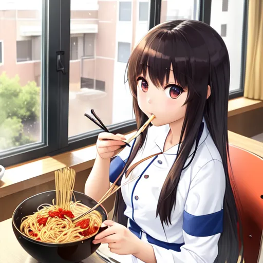 The image shows a young girl with long dark hair eating a bowl of noodles with chopsticks. She is sitting at a table in a restaurant. The girl is wearing a white shirt and a blue skirt. She has a ponytail hairstyle. The girl is looking at the bowl of noodles. The noodles are topped with a red sauce and some green onions. The girl is holding the chopsticks in her right hand and is using them to twirl the noodles around. The girl is also holding a spoon in her left hand. The girl is sitting in a chair at a table. The table is made of wood and has a white tablecloth on it. The restaurant is decorated with several paintings on the walls. There is a window in the background of the restaurant. The window is covered with a white curtain. The girl is sitting in a relaxed position and appears to be enjoying her meal.