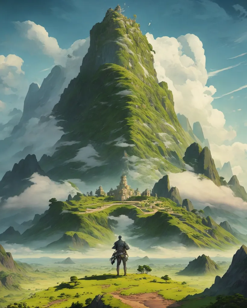 The image is of a tall, green mountain. The mountain is covered in clouds and has a temple on top of it. There is a person standing in front of the mountain. The person is wearing a cloak and has a sword. There are also some trees and clouds in the image.