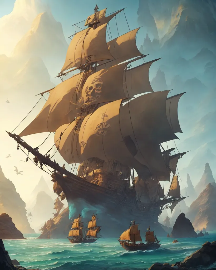 The image is a digital painting of a pirate ship. The ship is in the foreground, with a large skull on the bow. It has three masts and is flying a black flag with a white skull and crossbones. The ship is surrounded by smaller ships, which are being attacked by the pirates. In the background, there is a large island with mountains and cliffs. The sky is blue and there are some clouds. The water is a deep blue and there are some waves.