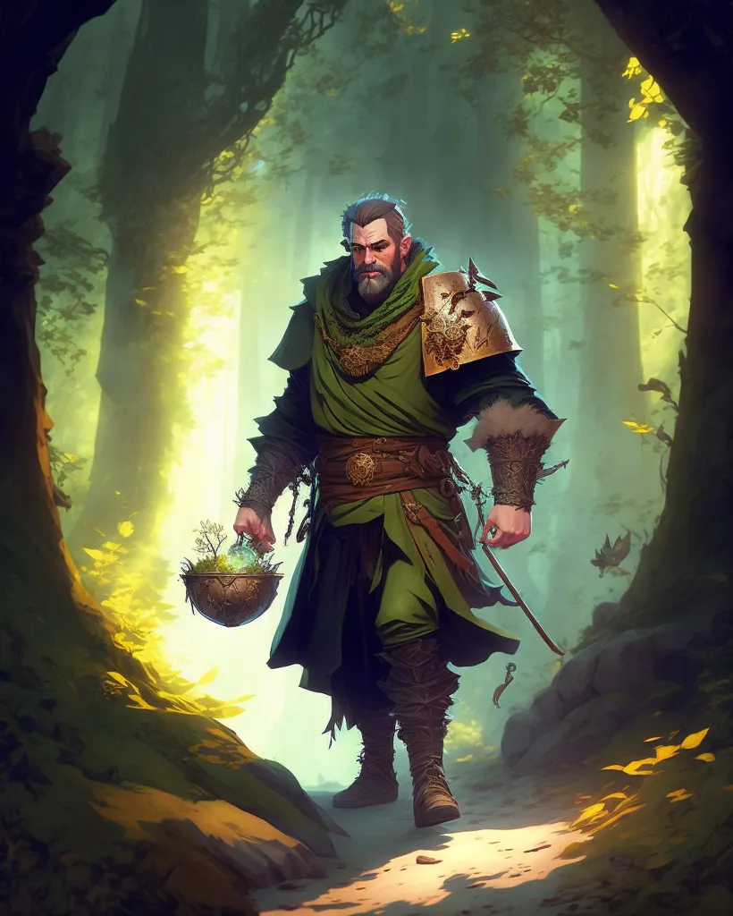 The image is a digital painting of a male human ranger walking through a forest. He is wearing a green tunic and brown leather boots, and has a green cloak hanging from his shoulders. He has a sword sheathed on his left hip, and a quiver of arrows hanging from his right hip. His hair is dark brown and his eyes are green. He has a beard and a mustache. He is carrying a metal helmet in his right hand, and there is a glowing green plant growing inside of it. The forest is full of tall trees and green leaves. The sun is shining through the trees, creating a dappled pattern on the ground.