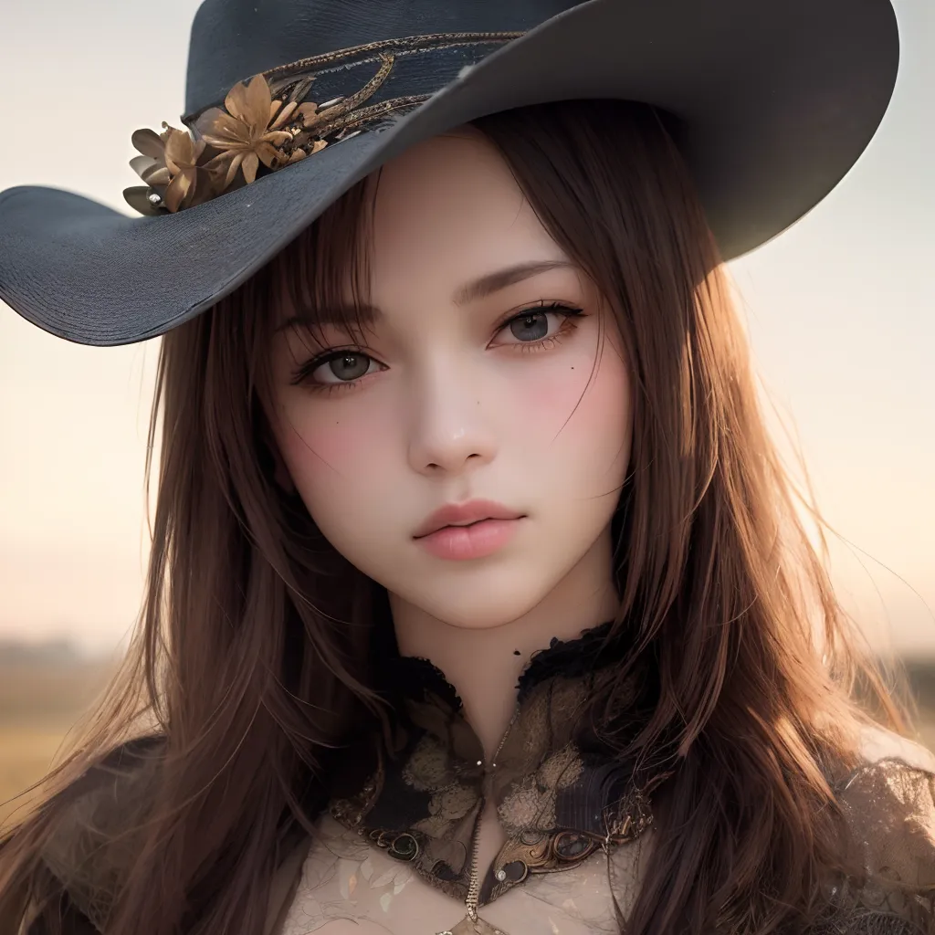 The image is a portrait of a young woman with long brown hair and light brown eyes. She is wearing a black hat with a wide brim and a brown steampunk-style outfit with a white lace jabot. The background is a blurred landscape with a hint of a sunset. The woman's expression is serious and thoughtful.