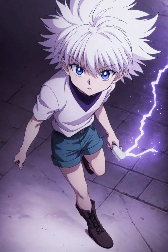 The image contains a young boy with spiky white hair and blue eyes. He is wearing a white t-shirt, blue shorts, and brown boots. He has a determined expression on his face and is holding a taser in his right hand. There is a purple lightning bolt emanating from the taser towards the ground. The background is dark with a purple glow around the boy.
