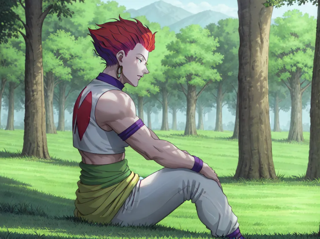 The image shows Hisoka from the anime Hunter x Hunter. He is sitting on a grassy field, surrounded by trees. Hisoka is a tall, muscular man with red hair and green eyes. He is wearing a white tank top, green pants, and a yellow sash. He has a tattoo of a spider on his back. Hisoka is a skilled assassin and a member of the Phantom Troupe. He is a complex and enigmatic character, and his motivations are often unclear.