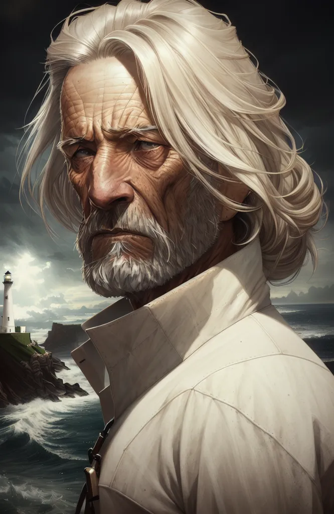 The image is a portrait of an old man with long white hair and a beard. He is wearing a white shirt and has a weathered look on his face. The background is a stormy sea with a lighthouse in the distance. The man's eyes are dark and he has a determined expression on his face. He is likely a sailor or a fisherman who has spent many years at sea.
