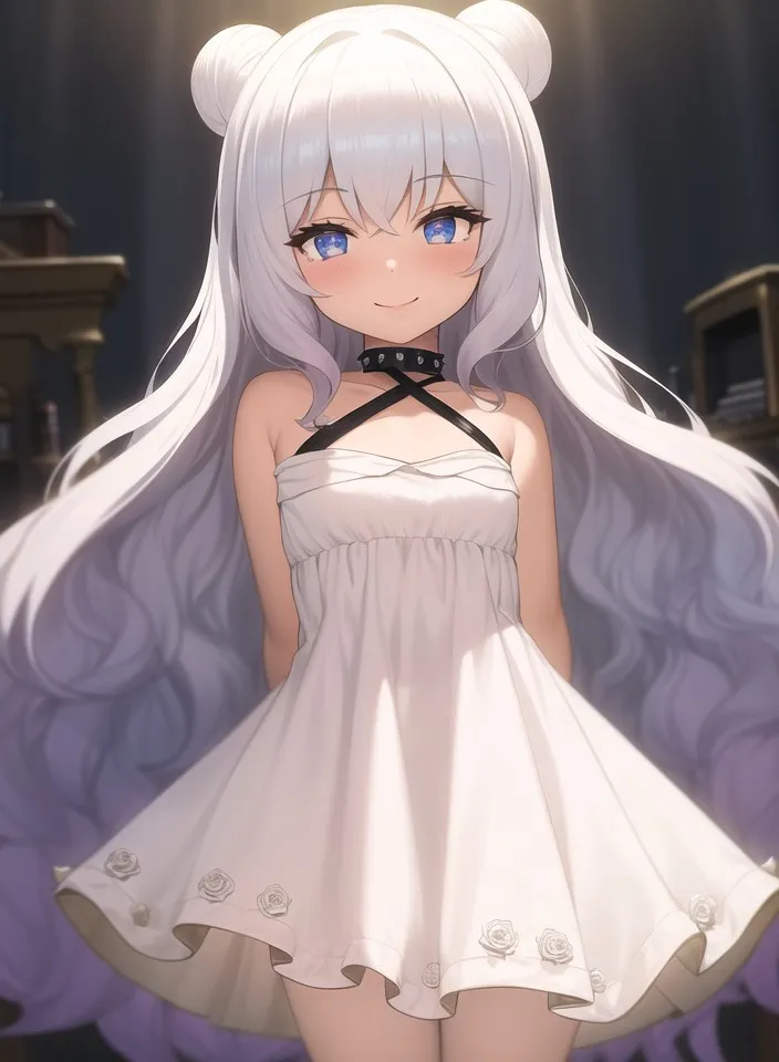 The image is of an anime girl with white hair and blue eyes. She is wearing a white dress with a black choker. She has a gentle smile on her face and is looking at the viewer. The background is a blur of light and dark colors.