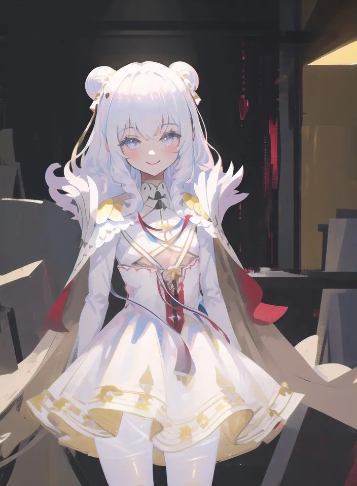 The image is of an anime girl with white hair and blue eyes. She is wearing a white dress with a red sash and a white cape. She has a gentle smile on her face. The background is a blur of light and dark colors.