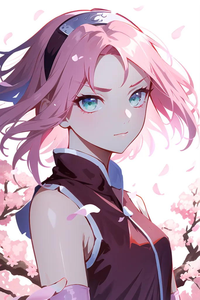 The image is a portrait of a young woman with pink hair and green eyes. She is wearing a purple sleeveless cheongsam-style dress with a white collar and a pink obi sash. Her hair is long and flowing, and she has a gentle smile on her face. The background is a pale pink, with a few cherry blossoms floating in the air. The overall effect of the image is one of beauty and serenity.