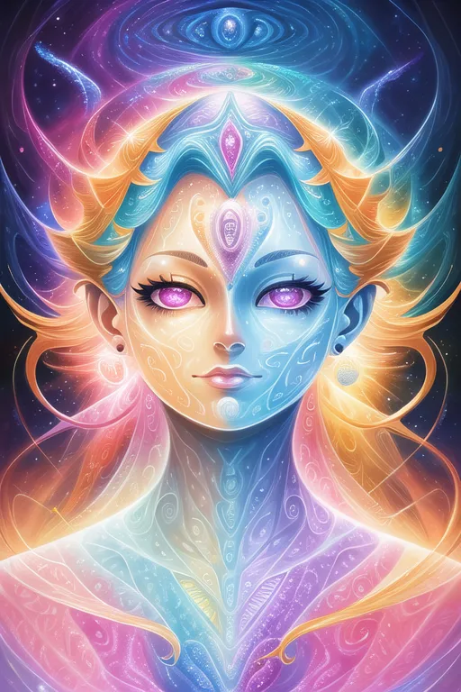 The image is a depiction of a celestial being, with a woman's face and a glowing, ethereal body. She is adorned with intricate patterns and symbols, and her eyes are a deep, piercing purple. She is surrounded by a swirling mass of stars and galaxies, and her hair is made up of flowing ribbons of light. The being's expression is one of serenity and wisdom, and she seems to be gazing out at the viewer with a sense of compassion and understanding. The image is full of vibrant colors and rich symbolism, and it evokes a sense of awe and wonder in the viewer.