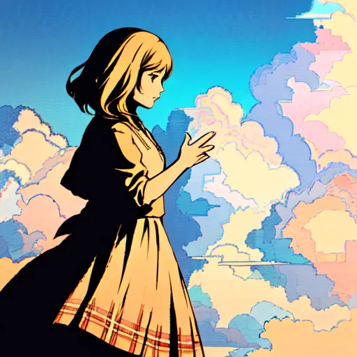 The image is of an anime-style girl standing in front of a blue sky with clouds. The girl is in silhouette, with short blonde hair and a yellow dress. She is looking at something in the distance. The clouds are a mix of blue, pink, and purple, and they are swirling around the girl. The image has a soft, dreamy feel to it.
