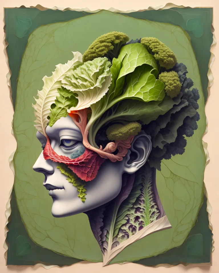 The image is a portrait of a human head. The head is made up of different types of vegetables. The top of the head is made up of broccoli, the back of the head is made up of lettuce, and the face is made up of a variety of different vegetables. The eyes are made of blueberries, the nose is made of a carrot, and the mouth is made of red cabbage. The head is also decorated with a variety of different herbs and spices.