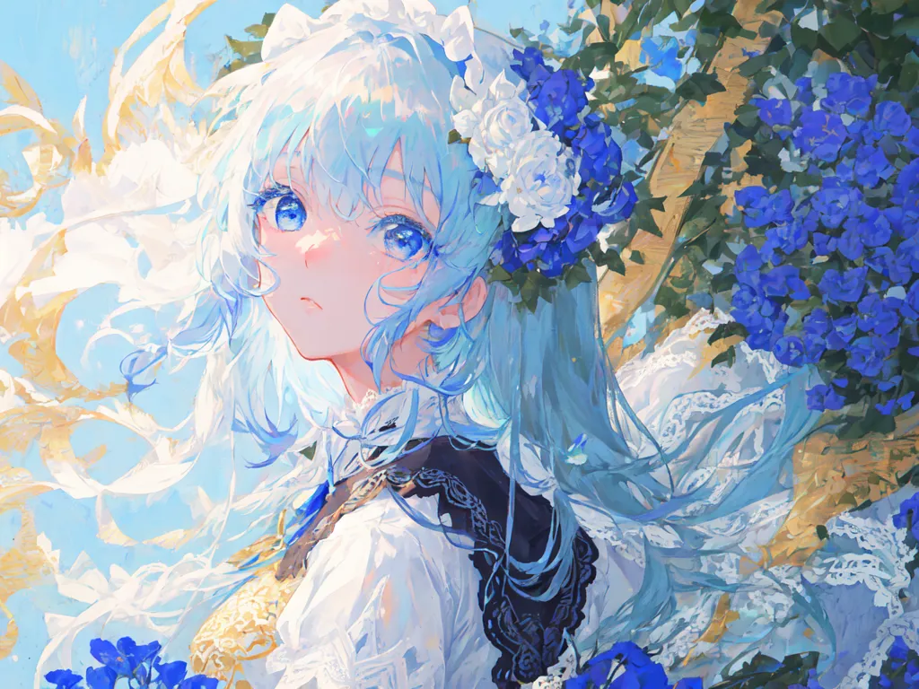 This image is of a beautiful anime girl with long, flowing white and blue hair. She is wearing a white dress with a blue sash and has a wreath of blue and white flowers in her hair. The background is a blur of blue and white, with a few blue flowers in the foreground. The girl's eyes are a deep blue, and she has a gentle smile on her face. She is standing in a field of blue flowers, and there are white flowers in her hair. The image is very soft and ethereal, and it has a dreamlike quality.