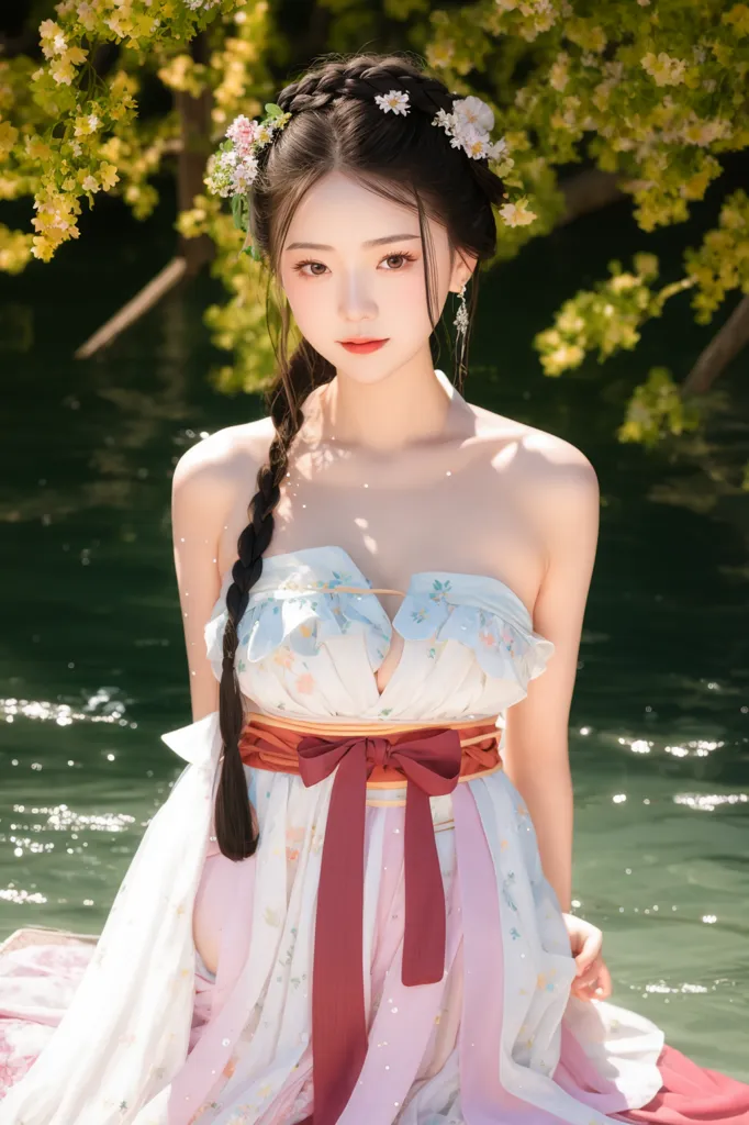 The image is a portrait of a young woman with long black hair and brown eyes. She is wearing a white and pink strapless dress with a red ribbon sash. Her hair is braided and she is wearing a wreath of flowers. She is sitting on a rock in a river, with the water flowing around her. The background is a blur of green leaves. The image is very beautiful and serene.