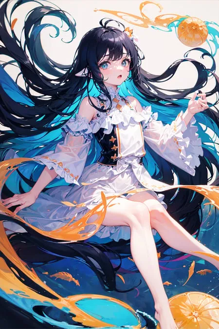 A imagem é um desenho em estilo anime de uma garota com cabelos pretos longos e ondulados. Ela está usando um vestido branco com uma faixa azul e tem olhos azuis e uma expressão surpresa no rosto. Ela está sentada em uma onda de líquido laranja e há peixes nadando ao redor dela. No fundo, há um céu laranja brilhante.