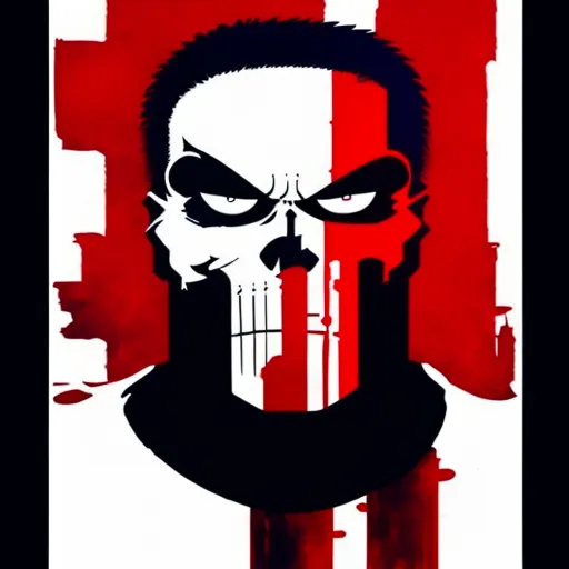 The image is a digital painting of the Marvel Comics character, The Punisher. He is depicted as a skull with a red and white stripe down the middle. The Punisher is wearing a black shirt with a white collar. The background is red and white, with a white stripe down the middle. The image is in a cartoon style, and the Punisher's expression is one of determination and focus.