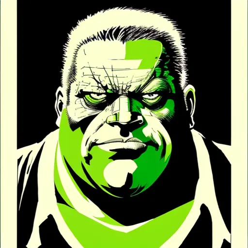The image is a portrait of a man with a large head and a muscular build. He has short black hair and green eyes, and his skin is pale. He is wearing a white shirt and has a serious expression on his face. The background is black, and the man's face is lit from below, which creates a dramatic effect.