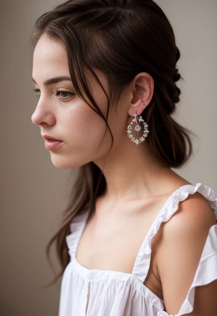 L'image montre une jeune femme aux longs cheveux bruns. Elle porte une blouse blanche à épaules dénudées avec des manches à volants. La femme a une expression sérieuse sur le visage et regarde vers la gauche du cadre. Elle porte une paire de boucles d'oreilles en argent en forme de cercle, avec de petites fleurs en cristal qui y pendent. Les boucles d'oreilles sont le point focal de l'image et ajoutent une touche d'élégance à son look. Les cheveux de la femme sont coiffés en une tresse lâche qui retombe sur son épaule. Sa peau est impeccable et ses yeux sont d'un brun clair. L'arrière-plan de l'image est d'une couleur neutre douce qui ne détourne pas l'attention de la beauté de la femme. L'effet global de l'image est celui de la beauté et de l'élégance.