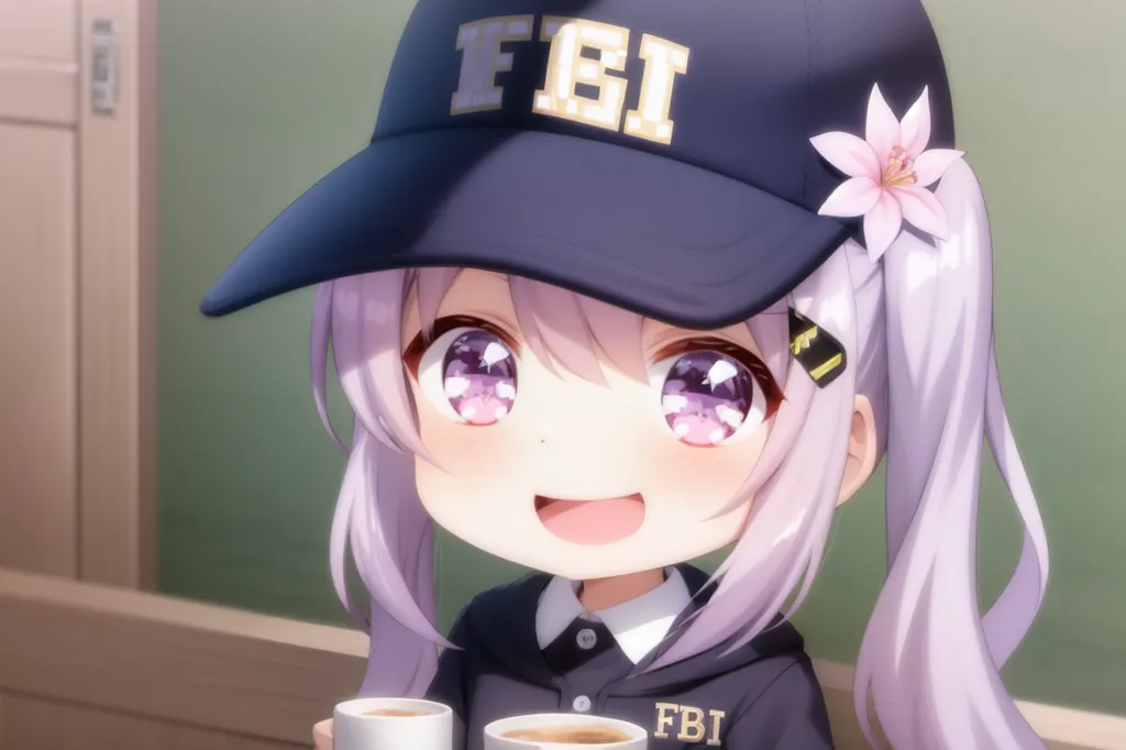 The image shows an anime-style girl with a chibi body type. She has long purple hair and purple eyes, and is wearing a black FBI cap with a pink flower on the side. She is also wearing a black FBI jacket with a white shirt underneath. She has a happy expression on her face and is holding two teacups in her hands. The background is a blurred green color.
