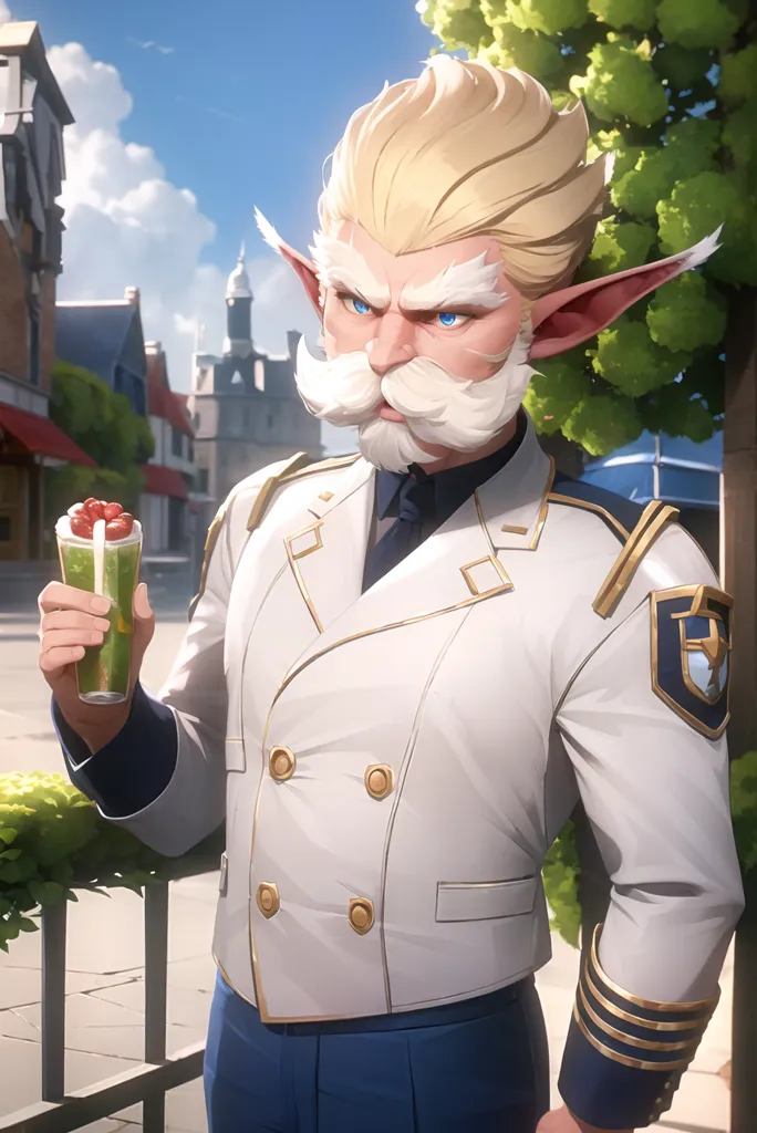 The image shows a male high elf with blond hair and blue eyes. He is wearing a white military uniform with gold epaulettes and a blue sash. He has a serious expression on his face and is looking to the right of the frame. He is holding a green drink in his right hand. There is a building with a clock tower in the background.