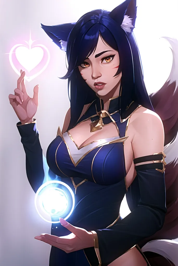 The image is of a young woman with long, blue hair and fox ears. She is wearing a blue and gold dress with a low neckline and a high collar. She has a confident expression on her face and is holding a glowing blue orb in her right hand. In her left hand she is conjuring a pink heart. She is standing in front of a white background and there is a nine-tailed fox tail extending from her back.