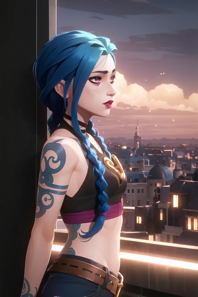 The image is of a young woman with blue hair and purple eyes. She is wearing a black crop top and blue jeans. She has a tattoo on her left arm and a piercing in her right eyebrow. She is standing in front of a window, looking out at a city. The city is in the distance and is covered in a blue haze. The sky is dark and there are clouds in the distance.
