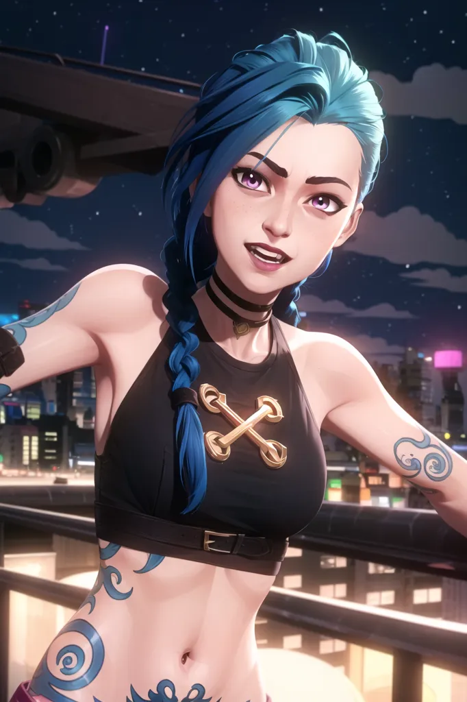 The image is of a young woman with blue hair and purple eyes. She is wearing a black crop top and black pants. She has a tattoo on her left arm and a piercing in her right eyebrow. She is standing on a rooftop with a city in the background. The woman is smiling and has her arms outstretched. She looks like she is ready to fight.