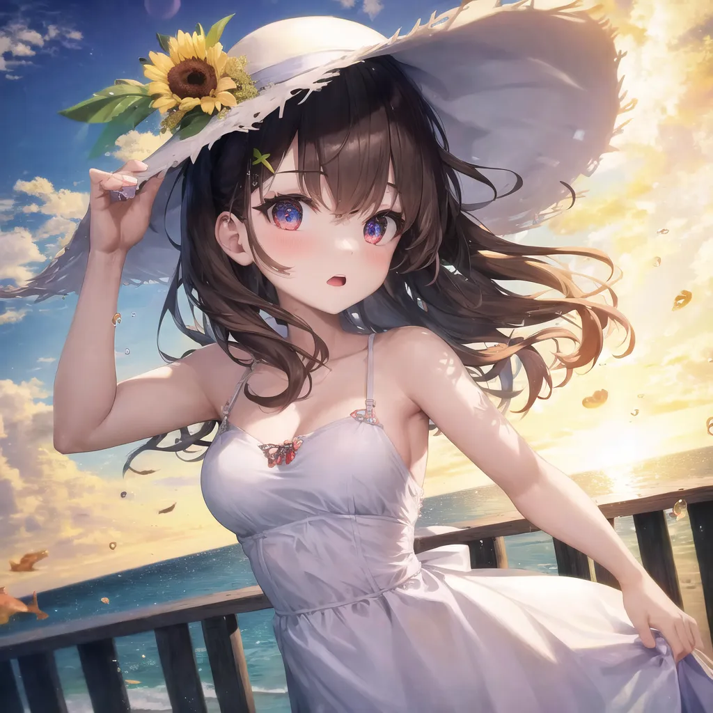 The image is a beautiful anime girl with long brown hair and purple eyes. She is wearing a white dress and a large white hat with a sunflower on it. She is standing on a wooden dock, looking out at the ocean. The sun is setting in the background, casting a warm glow over the scene. The girl is smiling and looks happy and carefree.