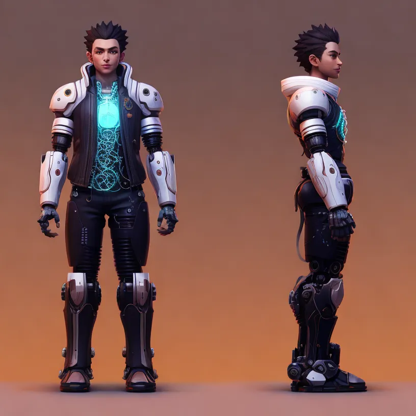 The image is of a young man with short black hair and brown eyes. He is wearing a black and white futuristic outfit with a white jacket and black pants. The jacket has blue and green circuitry-like markings on it. He is also wearing a pair of futuristic boots. The man is standing in a relaxed pose with his hands at his sides. He has a confident expression on his face. The background is a gradient of orange and brown.