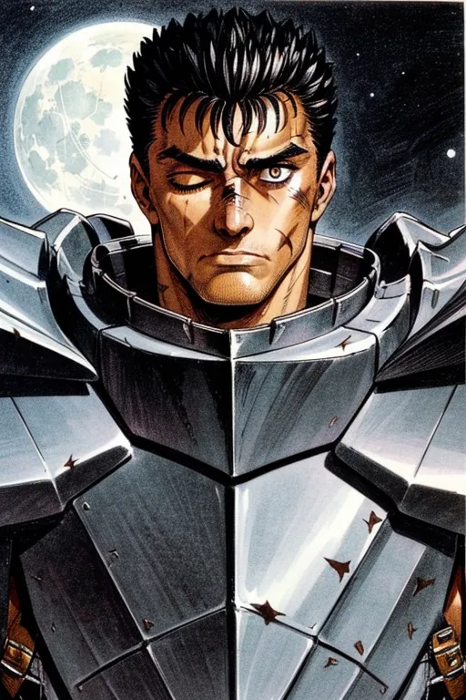 Guts is a tall, muscular man with a scarred face and a missing left eye. He wears a black and gray armor and wields a large sword. He is standing in front of a full moon, with his hair blowing in the wind. He has a determined expression on his face, and it is clear that he is ready for battle.