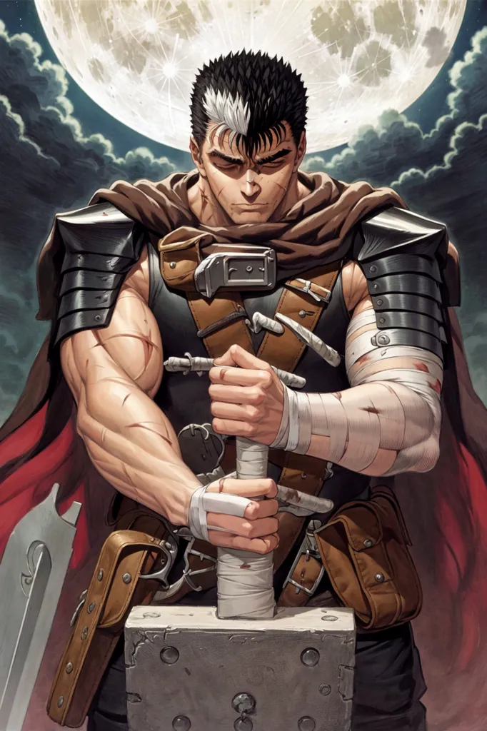 Guts is a tall, muscular man with a scarred face and a missing left eye. He wears a black cloak and carries a large sword. He is standing in front of a full moon, and there are clouds in the background.