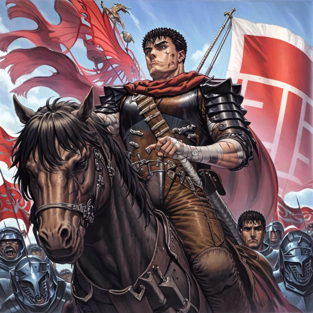 Guts é um homem alto e musculoso com um rosto marcado e um olho esquerdo faltando. Ele está usando um macacão preto e cinza e uma capa vermelha. Ele também está carregando uma espada grande. Ele está montado em um cavalo marrom e está cercado por um grupo de soldados. Os soldados estão todos usando diferentes tipos de armadura e carregando diferentes armas. Eles estão todos olhando para Guts com expressões de medo e respeito. O fundo é um céu vermelho com uma grande bandeira branca com um símbolo vermelho no centro.