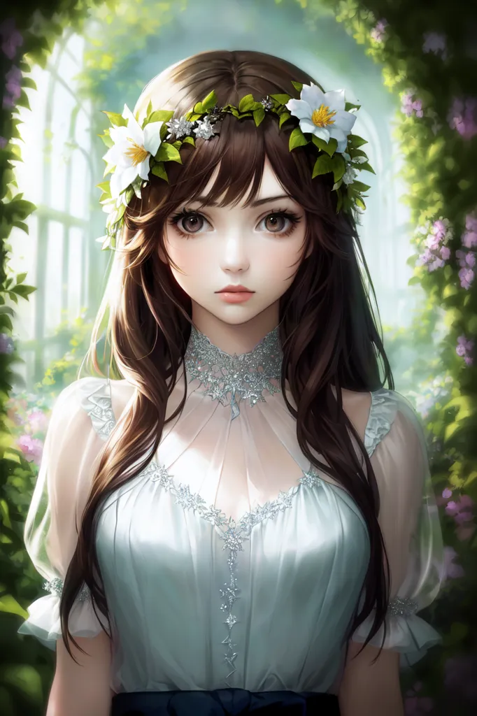 The image is a digital painting of a young woman with long brown hair and brown eyes. She is wearing a white dress with a sweetheart neckline and a sheer overlay. The dress is trimmed with silver lace. She is also wearing a necklace with a silver pendant. Her hair is styled with a half-up, half-down hairstyle. She is standing in a lush garden with green plants and flowers. The background is a blurred image of a greenhouse with white columns and a glass roof.