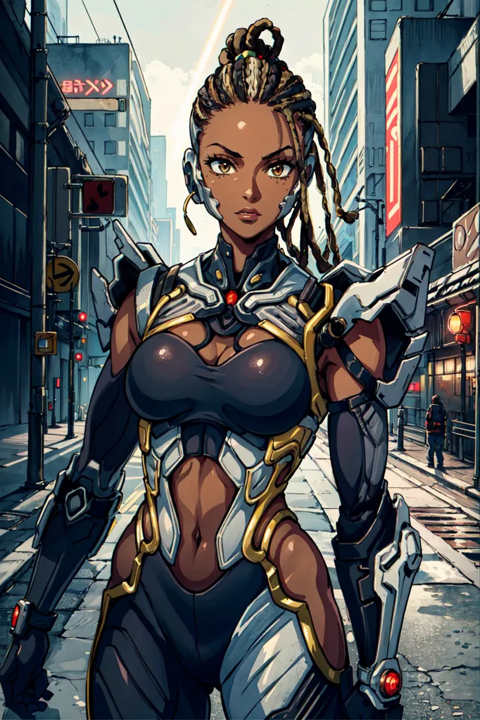 The image shows a black woman with long braided hair. She is wearing a black and silver bodysuit with a metallic breastplate. She is also wearing a pair of metallic boots and gloves. The woman is standing in an urban setting, with a city street in the background. There are a number of buildings in the background, as well as some street signs. The woman is looking at the viewer with a serious expression on her face.