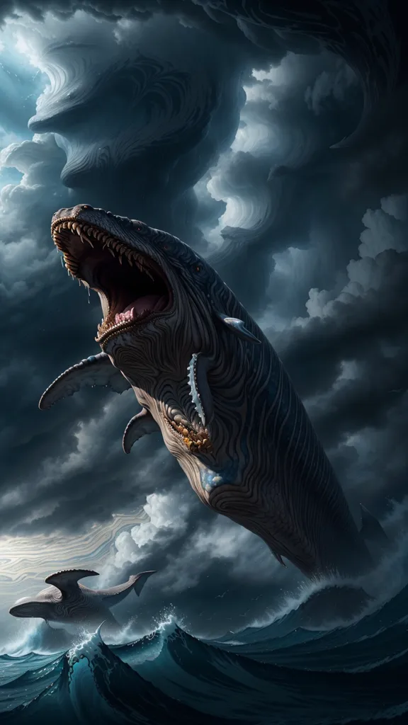 The image shows a giant whale-like creature jumping out of the water. The creature has a long, serpentine body with a large, gaping mouth filled with sharp teeth. Its skin is a dark blue color, and its eyes are a bright yellow. The creature is surrounded by dark clouds, and the water below it is churned into a frenzy. In the background, there is a second whale-like creature swimming alongside the first one.