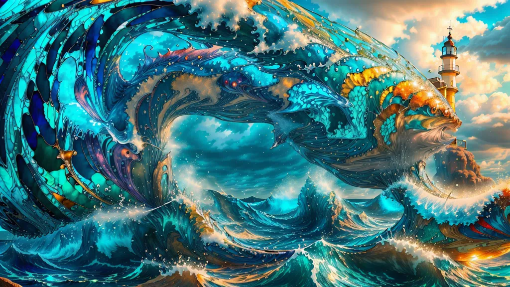 La imagen es una pintura digital de un pez grande y colorido nadando en un mar agitado. El pez es azul y amarillo y tiene una cola larga y ondulante. Está rodeado de olas y se puede ver un faro en el fondo. La pintura está hecha en un estilo de vidrio soplado, con colores brillantes y contornos audaces.