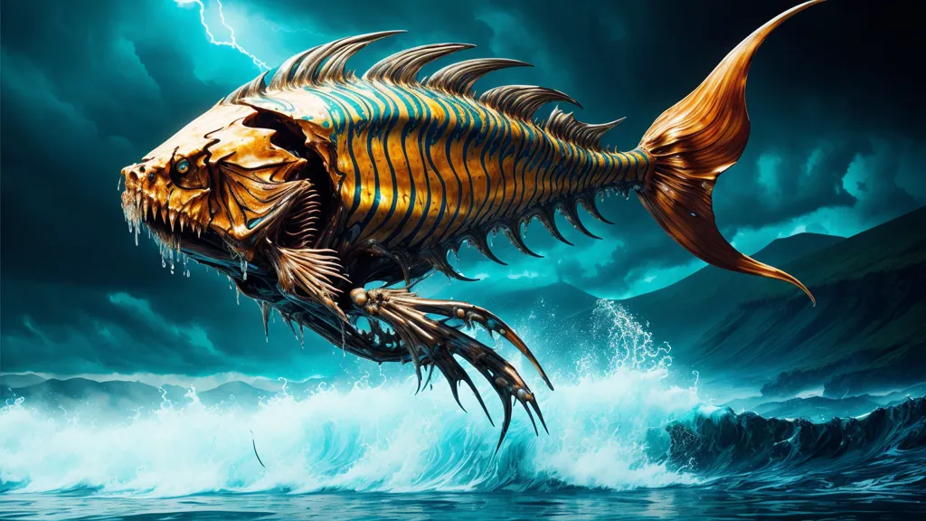 The image shows a large, metallic fish-like creature with a skull-like head and a long, serpentine body. The creature is mostly gold in color, with some blue and green highlights. It has large, sharp teeth and a pair of long, bony fins that protrude from its back. The creature is swimming through a rough sea, with large waves crashing against its body. In the background, there is a dark, stormy sky with lightning flashing.