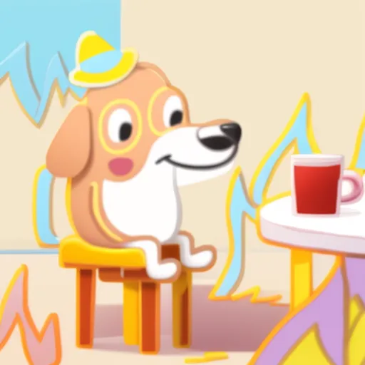 The image shows a cartoon dog sitting on a chair in a room that is on fire. The dog is wearing a yellow hat and has a cup of coffee on the table next to him. The dog is smiling and looks relaxed, despite the fire.