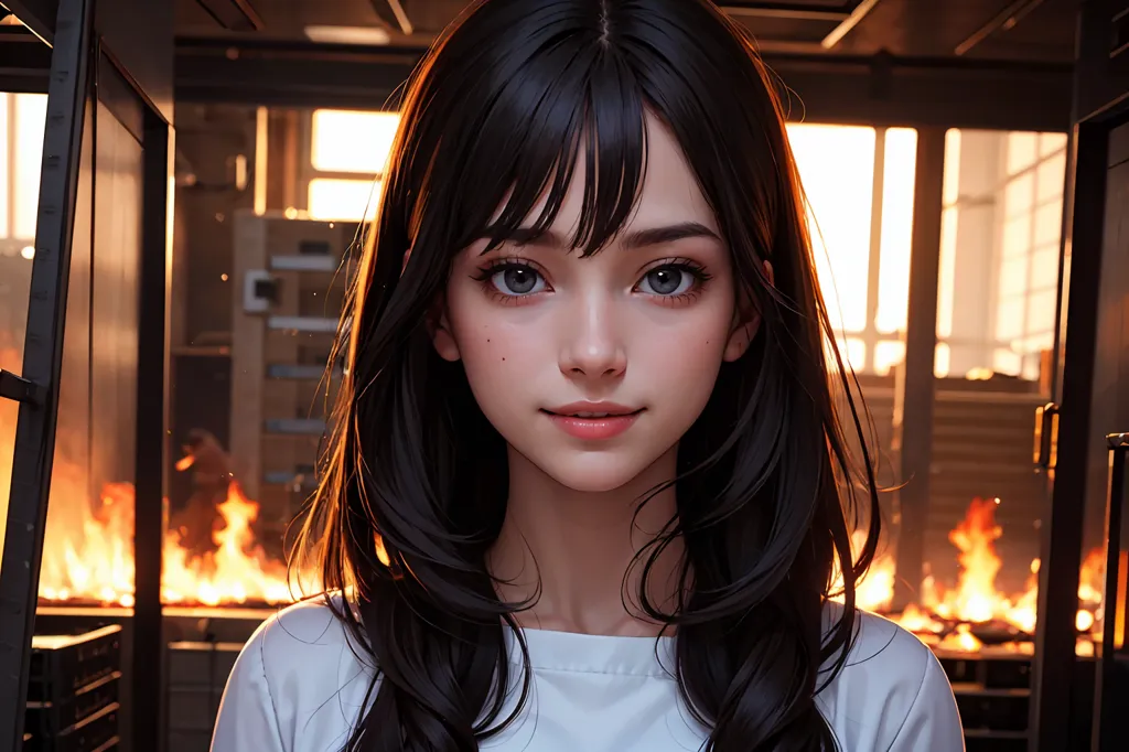 The image is a digital painting of a young woman with long black hair and blue eyes. She is wearing a white shirt and has a gentle smile on her face. The background is a blur of orange and yellow, which suggests that she is standing in front of a fire. The painting is done in a realistic style, and the artist has paid close attention to detail. The woman's hair is particularly well-rendered, and the skin tones are very realistic. The painting is also well-lit, and the colors are vibrant and saturated. Overall, this is a beautiful and well-executed piece of digital art.