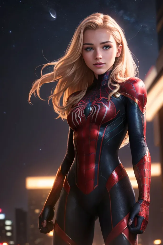 The image shows a young woman standing in a city at night. She is wearing a red and blue Spider-Man suit with a white spider symbol on her chest. She has long blond hair that is blowing in the wind. Her eyes are blue, and she has a determined expression on her face. She is standing in a fighting stance, with her fists clenched. The background of the image is a blurred city skyline.