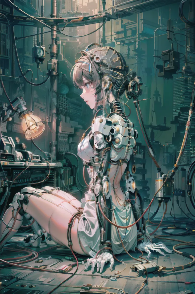 The image is a depiction of a female cyborg. She is sitting in a dark room with a lot of machinery and wires around her. The cyborg's body is mostly made of metal, but she has some human-like features, such as skin and hair. She is wearing a white dress. The cyborg is looking at a device in her hand. There are many wires and cables attached to her body. The image is a mix of cyberpunk and anime styles.